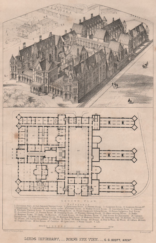 Leeds Infirmary - Bird's Eye View; G.G. Scott, Architect. Yorkshire 1867 print